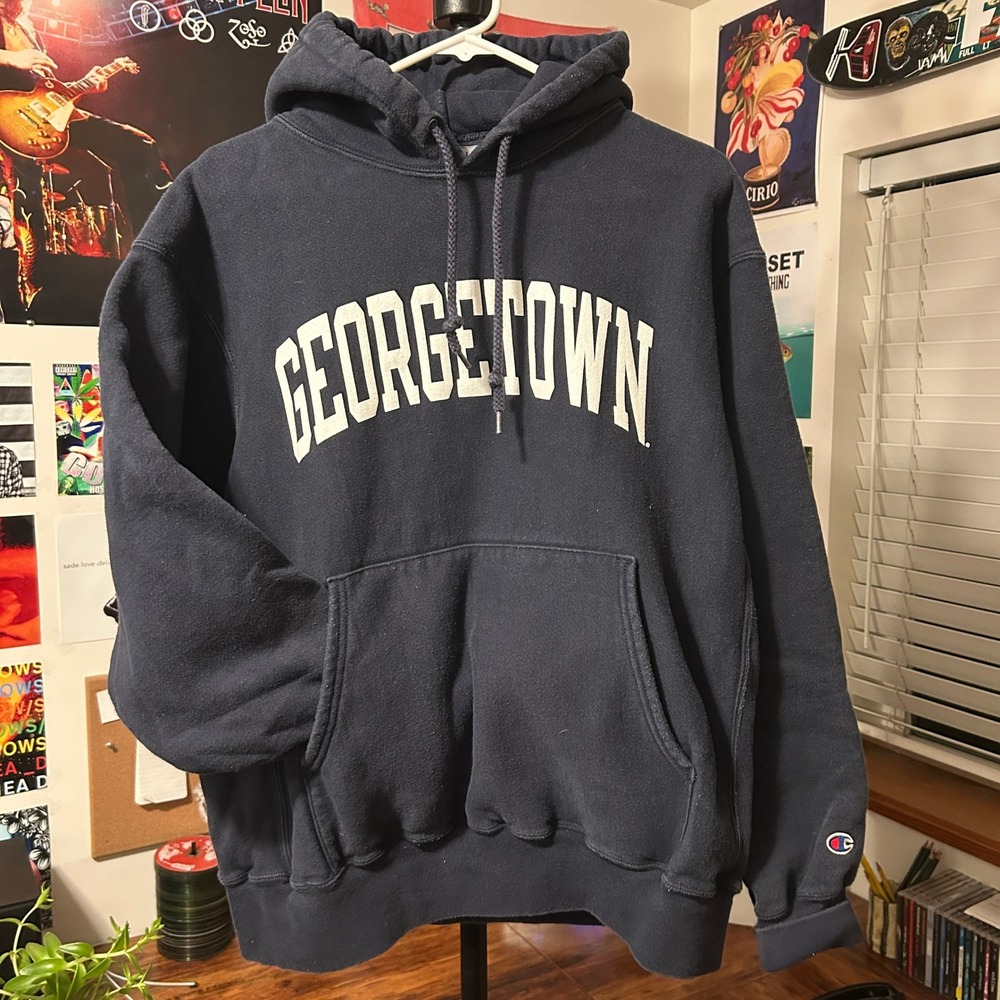 Champion Reverse Weave Georgetown Hoodie Large Navy Blue Vintage 90s Sweatshirt